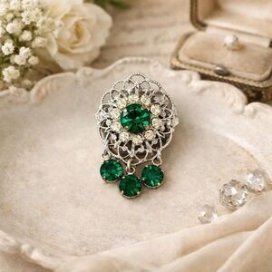 Sarah Coventry Silver‎ Tone Brooch Green Dangling Rhinestone Ornate Floral MCM
